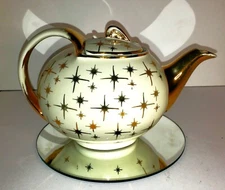 Vintage 1960s HALL China Co. MID-CENTURY MODERN ATOMIC STARBURST Teapot 12K Gold