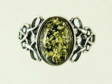 Vintage Celtic Sterling Silver Ring  Round Baltic Green Amber Gemstone Size 9