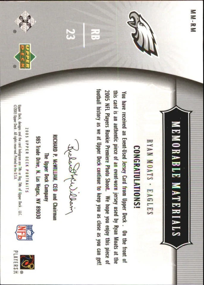 T2585 - 2005 UD Portraits Memorable Materials #MMRM Ryan Moats Jersey - NM-MT - Image 2 of 2
