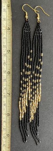 Black & Gold Seed Bead Beaded Earrings Boho Fringe Dangle Tassel Extra Long - Picture 2 of 5