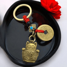 Lucky Fortune Cat Key Ring Japanese Maneki-neko Keychain Chinese Gold Feng Shui