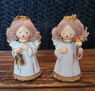 2 Vtg Ceramic Napcoware Christmas 4 Inch Angel Figurines Yarn Hair Japan EVC
