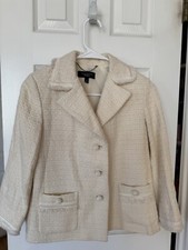 Talbots Tweed Ivory Blazer Wm Sz 6 3/4 Length Sleeves Beaded Buttons Frayed
