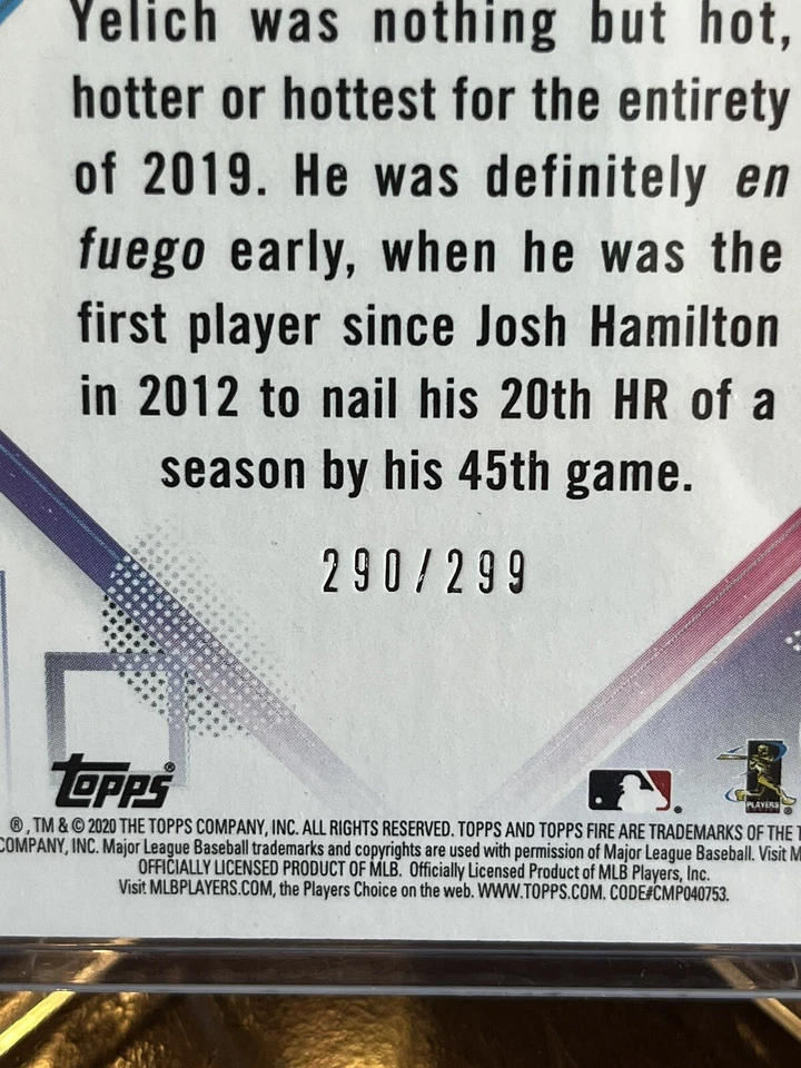 2020 Topps Fire Orange No.198 CHRISTIAN YELICH #/299 Brewers - Image 3 of 3