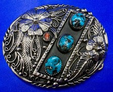 Southwestern Flower Feather Turquoise  Coral Stones SSI Handcrafted Belt Buckle