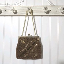 Vintage 50s Warborg Evening Hand Bag Clutch Purse Gold Silk Beaded Hong Kong