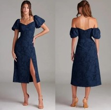 Azazie Navy Blue Midi Dress Evalina Sweetheart Puff Sleeve Floral New Tags 10