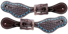 Showman Youth Leather Spur Straps w/ Basket Weave Tooling  Turquoise Buckstitch