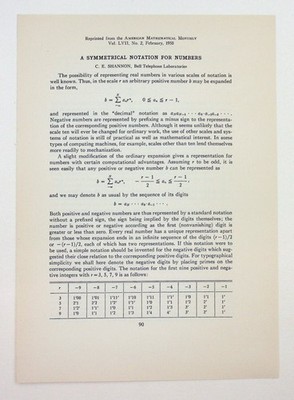 Claude E Shannon / Symmetrical Notation for Numbers offprint lacking the blue
