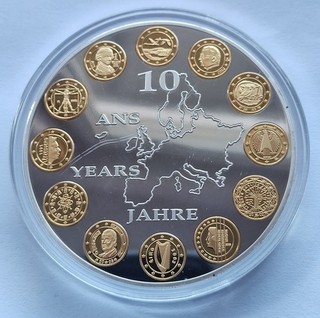 10 JAHRE EURO MÜNZEN 110 GRAMM 70 MM GIGANT MEDAILLE SILBER GOLD