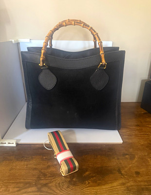 Gucci Vintage Diana Bamboo Handle Black Suede Leather Large Tote Bag COA