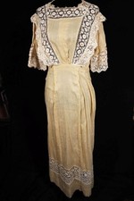Antique Edwardian French Yellow Cotton & Silk Dress Size Small