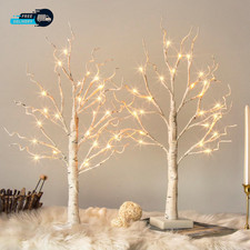 White Birch Tree with LED Lights Set of 2 Tabletop Tree with Timer Christmas