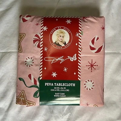 DOLLY PARTON Christmas 60" x 84" Tablecloth PEVA Pink Gingerbread Candy Cane