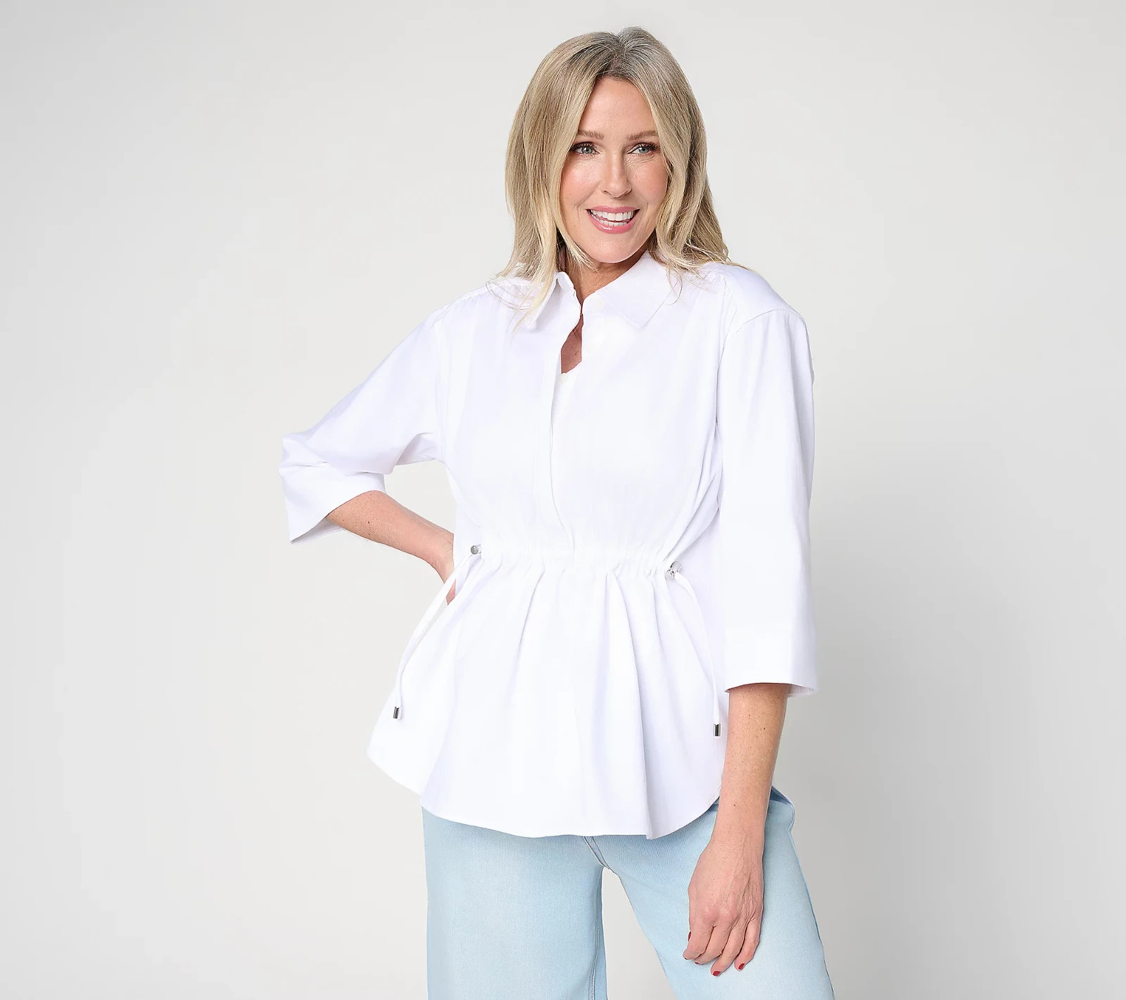 Carla Rockmore Collection Regular Cinch Waist 3/4 Slv Shirt White A716544