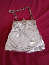 Vtg 60s Silver Evening Bag Chain Clutch Purse Lame Top Handle Art Deco Retro