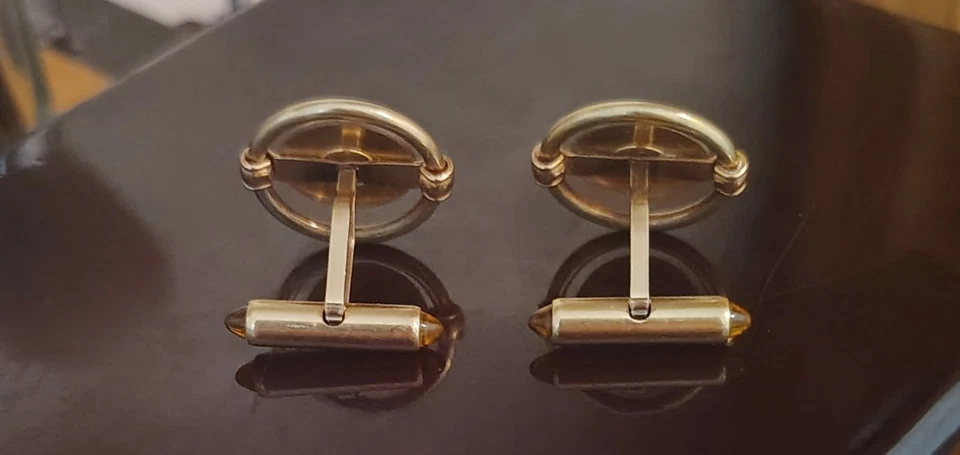 Abotoaduras masculinas vintage de sobreposição de ouro pesado Krementz 14kt com cabashons citrinos. - Imagem 2 de 4