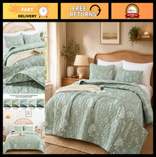 King Size Sage Green Floral Quilt Set - 3 Pcs Lightweight Reversible Bedding, Bo
