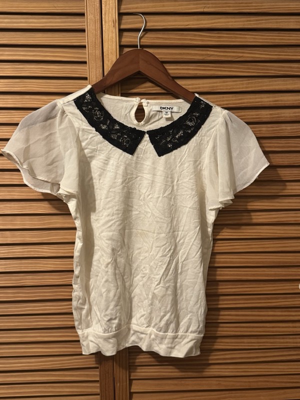 DKNY Girls Cream Black Sequin Lace Peter Pan Collar Short-Sleeve Dress Shirt; M
