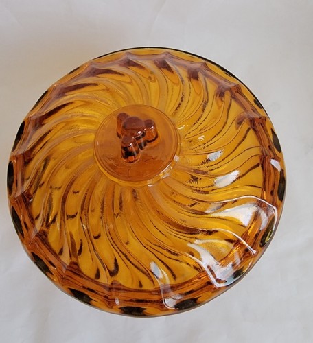 Vintage Swirl Footed Nadir Figueiredo Amber Glass Candy Dish w/ Lid - Picture 3 of 10