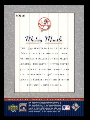 2001 UPPER DECK PINSTRIPE EXLUSIVES MICKEY MANTLE #MM16 NY YANKEES HOF - 第 2/2 張圖片