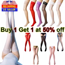 Womens Oil Shiny Glossy High Stockings Lace Silicone Stay Up Thigh-Highs Hosiery