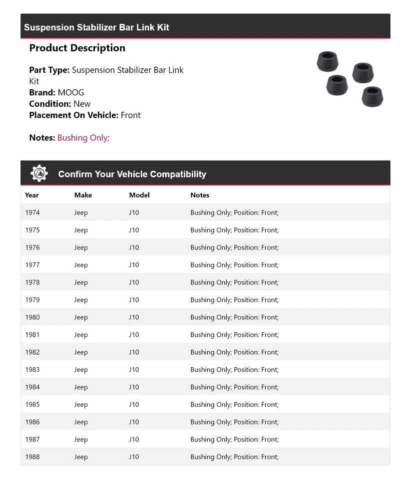 For 1974-1988 Jeep J10 Suspension Stabilizer Bar Link Kit Front MOOG 1974 1975 - Image 2 of 4