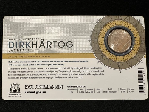 2016 400th Anniversary Dirk Hartog Landfall Twenty 20 cent Uncirculated Coin on - Picture 5 of 5