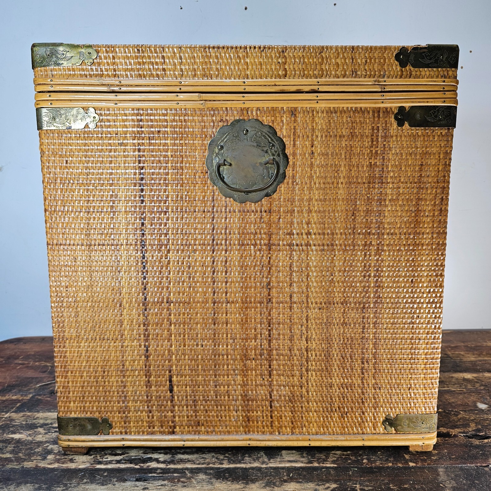 Vintage Wicker & Brass Chinoiserie Chest Trunk From Hong Kong 20"L x 20"W x 21"H