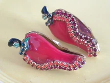 Vintage Lunch at the Ritz Chili Pepper Enamel  Rhinestone Clip-On Earrings 1-3/4