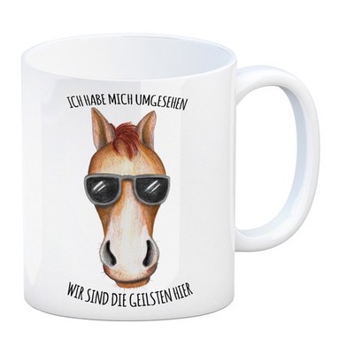 Kaffeebecher mit Pferd mit Sonnenbrille Motiv und Spruch: Ich habe mich