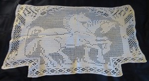 Filet Crochet Chairback Horses Trees Doily White 23 ½ Inches By 14 ½ Inches