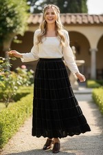 Vintage SILK Velvet Maxi Skirt Sz L Black Tiered Layered Whimsigoth Steampunk