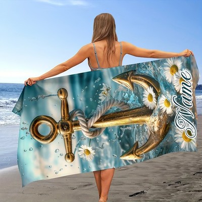 1pc Custom Anchor Beach Towel with Name   Quick-Dry, Super Absorbent Microfibe
