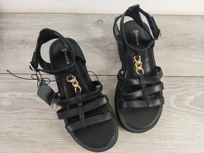 NEU Papaya schwarze Kunstleder Chunky Plateau Sandalen UK 6 EU 39 Gold Kette