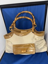 Cute Beige Canvas Purse Handbag With Bamboo H...