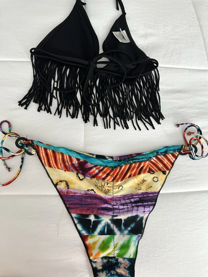 Guante corporal para mujer negro bikini flecos top XS y fondo colorido M playa piscina Foto 2 de 4