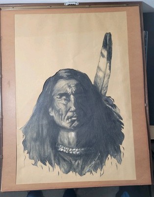 Vtg Orig. Artist Signed Charcoal Drawing Of Native American Indian 17''x 21'' READ