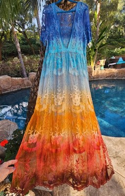 Maya Antonia Lace-Sheer Hand Tie-Dye Capri Sunset Long Dress/Slit, Boho/Beach