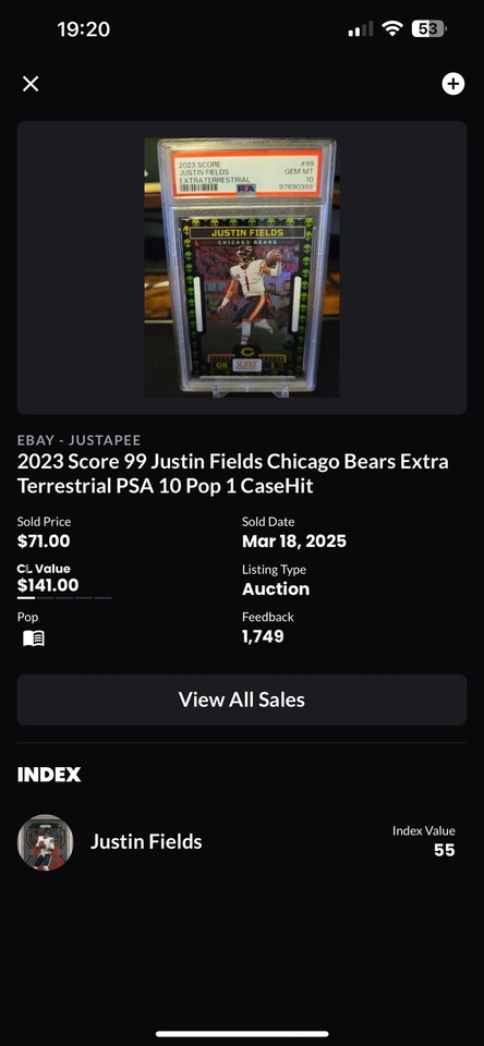 2023 Score - Justin Fields #99 Extraterrestrial -Bears-Jets- (POP 1) - Image 3 of 3