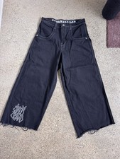 JNCO Men  s Jet Black Wide-Leg Denim Jeans Relaxed Fit Cargo Pockets 90s