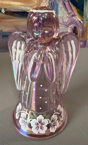 Fenton Pink Iridescent Art Glass Hand Painted Angel Girl Figurine Signed Exc