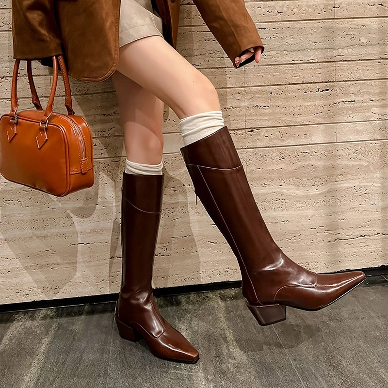 Chic Botas Para Mujer Tacón Alto Punta Cuero Retro Marrón Caballero Hasta la Rodilla - Imagen 2 de 4