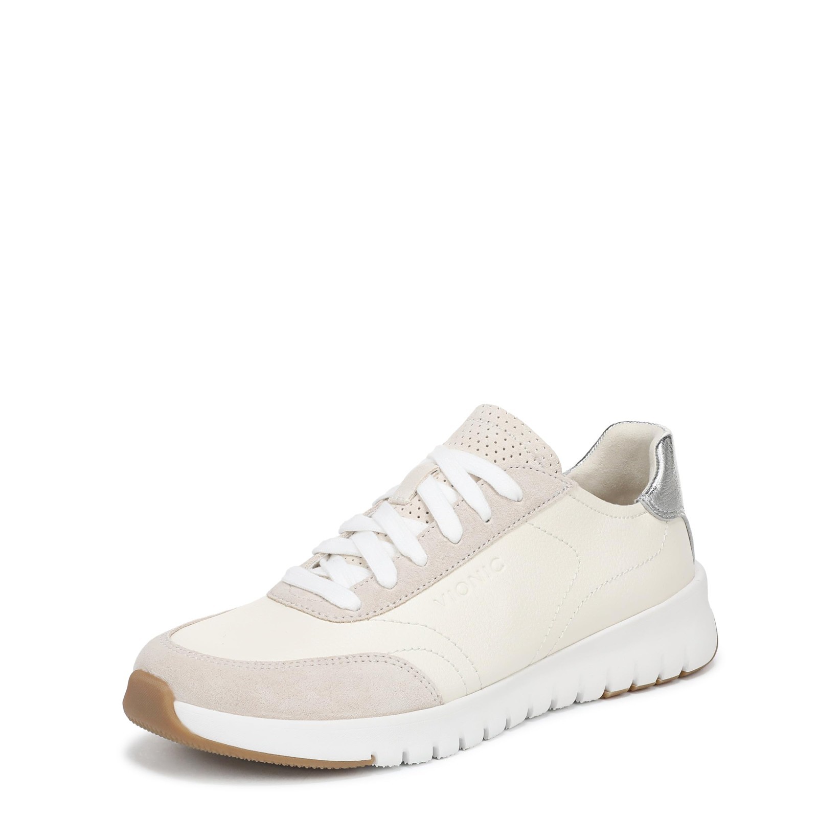 Vionic Women's Uptown Sneaker Sneaker Ivory/Silver Leather and Suede 8 M