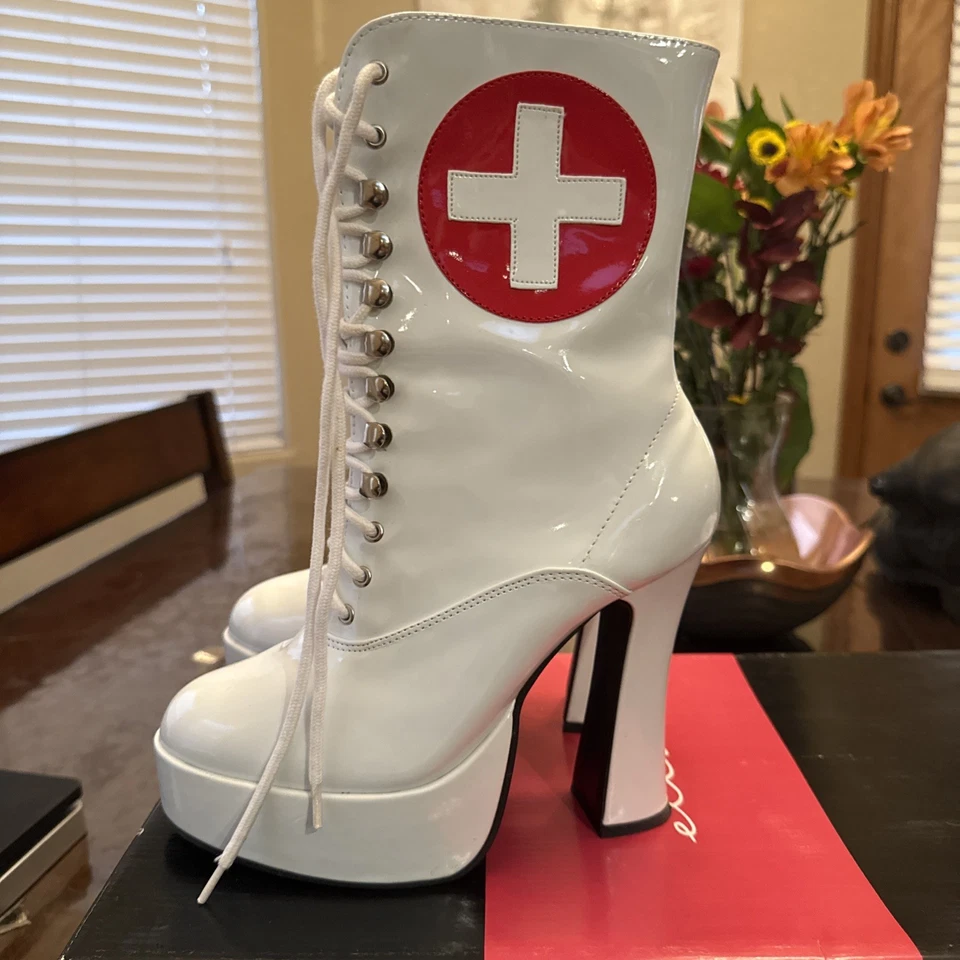 Sexy Ellie White Nurse Boots - 5 1/2" chunky heels - Sizes 8 Great condition - Image 2 of 4