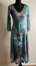 Size Small KOMAROV  Pleated Charmeuse V Neckline Lace 3/4 Sleeve Dress in Blue