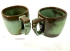 Vintage Frankoma Pottery 5C Mug Flat Cup Plainsman Prairie Green Set of 2
