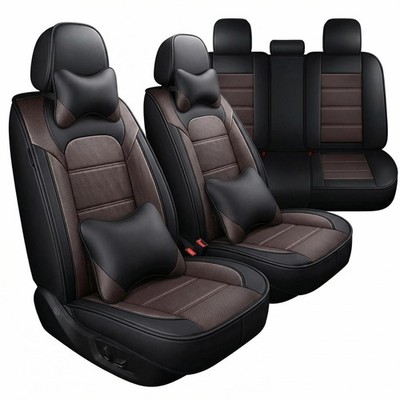 Full Set 5-Seat Car Seat Covers PU Leather Breathable Headrest & Lumbar Pillows