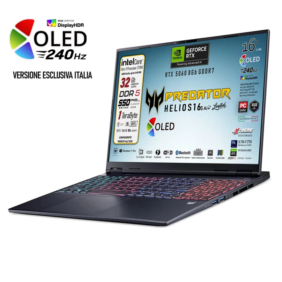 Acer Predator Helios Neo 16s AI, Ultra9, Oled 240Hz  1TB, 32GB, RTX5060, W11 Pro - Immagine 3 di 4