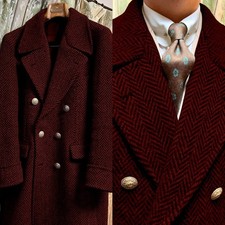 Herringbone Wool Blend Tweed Men Overcoat Long Coats Double Breasted Notch Lapel